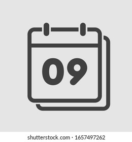 Vector icon calendar day - number 9. Days of the year. Vector illustration flat style. Date day of month Sunday, Monday, Tuesday, Wednesday, Thursday, Friday, Saturday. Holidays date.