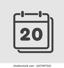 Vector icon calendar day - number 20. Days of the year. Vector illustration flat style. Date day of month Sunday, Monday, Tuesday, Wednesday, Thursday, Friday, Saturday. Holidays date.