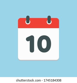 Vector Symbol Kalendertag - Nummer 10. Tage des Jahres. Vector Illustrationsflache Stil. Tag des Monats Sonntag, Montag, Dienstag, Mittwoch, Donnerstag, Freitag, Samstag. Urlaubstermin.