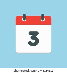 Vector icon calendar day - number 3. Days of the year. Vector illustration flat style. Date day of month Sunday, Monday, Tuesday, Wednesday, Thursday, Friday, Saturday. Holidays date.