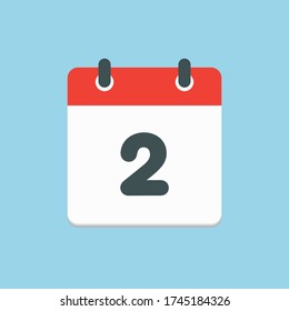 Día del calendario del icono del vector - número 2. Días del año. Estilo plano de ilustración vectorial. Fecha día del mes Domingo, Lunes, Martes, Miércoles, Jueves, Viernes, Sábado. Fecha de las vacaciones.