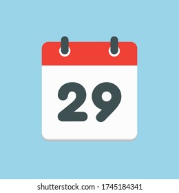 Vector icon calendar day - number 29. Days of the year. Vector illustration flat style. Date day of month Sunday, Monday, Tuesday, Wednesday, Thursday, Friday, Saturday. Holidays date.
