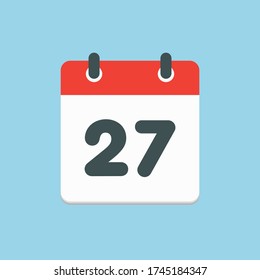 Vector icon calendar day - number 27. Days of the year. Vector illustration flat style. Date day of month Sunday, Monday, Tuesday, Wednesday, Thursday, Friday, Saturday. Holidays date.