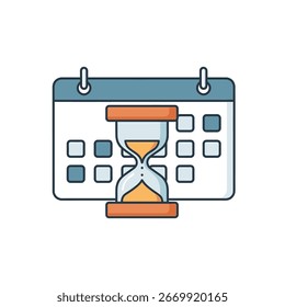 Vector icon of a calendar with an hourglass, symbolizing a deadline, time management, or an upcoming event countdown. This flat outline illustration is perfect for business presentations, project mana