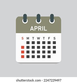Vector icon calendar month - April. Vector icon illustration flat minimal style. Agenda app of month. Day -Sunday, Monday, Tuesday, Wednesday, Thursday, Friday, Saturday. To do list, reminder