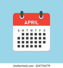 Vector icon calendar month - April. Vector icon illustration flat minimal style. Agenda app of month. Day -Sunday, Monday, Tuesday, Wednesday, Thursday, Friday, Saturday. To do list, reminder