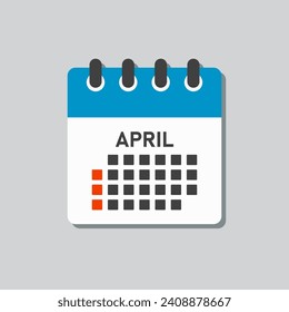 Vector icon calendar month - April. Vector icon illustration flat minimal style. Agenda app of month. Day -Sunday, Monday, Tuesday, Wednesday, Thursday, Friday, Saturday. To do list, reminder