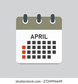 Icono de Vector mes calendario - Abril. Ilustración de icono de Vector estilo minimalista plano. Agenda App del mes. Día - Domingo, Lunes, Martes, Miércoles, Jueves, Viernes, Sábado. Para hacer la lista, recordatorio