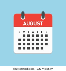 Vector icon calendar month - August. Vector icon illustration flat minimal style. Agenda app of month. Day -Sunday, Monday, Tuesday, Wednesday, Thursday, Friday, Saturday. To do list, reminder