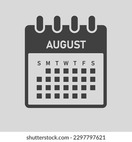 Vector icon calendar month - August. Vector icon illustration flat minimal style. Agenda app of month. Day -Sunday, Monday, Tuesday, Wednesday, Thursday, Friday, Saturday. To do list, reminder