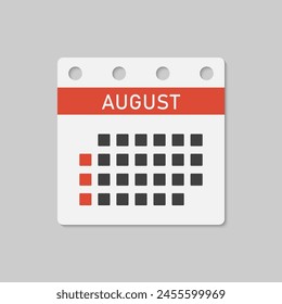 Vector icon calendar month - August. Vector icon illustration flat minimal style. Agenda app of month. Day -Sunday, Monday, Tuesday, Wednesday, Thursday, Friday, Saturday. To do list, reminder