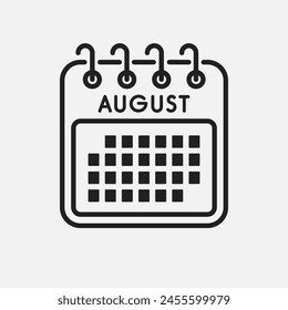 Vector icon calendar month - August. Vector icon illustration flat minimal style. Agenda app of month. Day -Sunday, Monday, Tuesday, Wednesday, Thursday, Friday, Saturday. To do list, reminder