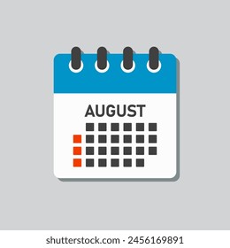 Vector icon calendar month - August. Vector icon illustration flat minimal style. Agenda app of month. Day -Sunday, Monday, Tuesday, Wednesday, Thursday, Friday, Saturday. To do list, reminder