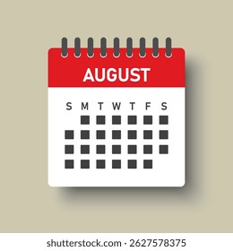 Vector icon calendar month - August. Vector icon illustration flat minimal style. Agenda app of month. Day -Sunday, Monday, Tuesday, Wednesday, Thursday, Friday, Saturday. To do list, reminder