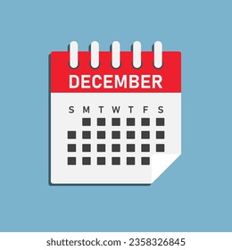 Vector icon calendar month - December. Vector icon illustration flat minimal style. Agenda app of month. Day -Sunday, Monday, Tuesday, Wednesday, Thursday, Friday, Saturday. To do list, reminder