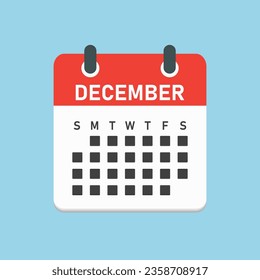 Vector icon calendar month - December. Vector icon illustration flat minimal style. Agenda app of month. Day -Sunday, Monday, Tuesday, Wednesday, Thursday, Friday, Saturday. To do list, reminder