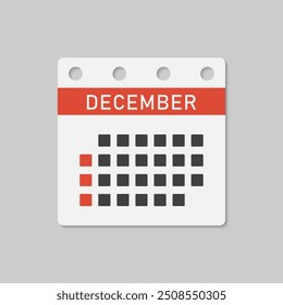 Vector icon calendar month - December. Vector icon illustration flat minimal style. Agenda app of month. Day -Sunday, Monday, Tuesday, Wednesday, Thursday, Friday, Saturday. To do list, reminder