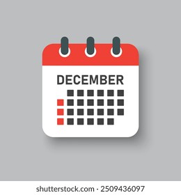 Vector icon calendar month - December. Vector icon illustration flat minimal style. Agenda app of month. Day -Sunday, Monday, Tuesday, Wednesday, Thursday, Friday, Saturday. To do list, reminder