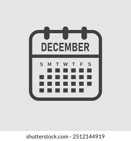 Icono de Vector mes calendario - diciembre. Ilustración de icono de Vector estilo minimalista plano. Agenda App del mes. Día - Domingo, Lunes, Martes, Miércoles, Jueves, Viernes, Sábado. Para hacer la lista, recordatorio