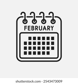 Vector icon calendar month - February. Vector icon illustration flat minimal style. Agenda app of month. Day -Sunday, Monday, Tuesday, Wednesday, Thursday, Friday, Saturday. To do list, reminder