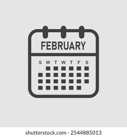 Vector icon calendar month - February. Vector icon illustration flat minimal style. Agenda app of month. Day -Sunday, Monday, Tuesday, Wednesday, Thursday, Friday, Saturday. To do list, reminder