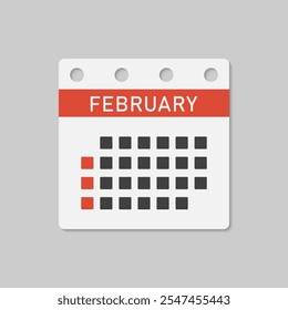 Vector icon calendar month - February. Vector icon illustration flat minimal style. Agenda app of month. Day -Sunday, Monday, Tuesday, Wednesday, Thursday, Friday, Saturday. To do list, reminder