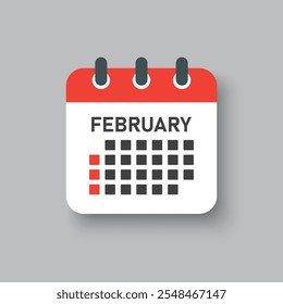 Vector icon calendar month - February. Vector icon illustration flat minimal style. Agenda app of month. Day -Sunday, Monday, Tuesday, Wednesday, Thursday, Friday, Saturday. To do list, reminder