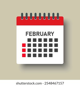 Vector icon calendar month - February. Vector icon illustration flat minimal style. Agenda app of month. Day -Sunday, Monday, Tuesday, Wednesday, Thursday, Friday, Saturday. To do list, reminder