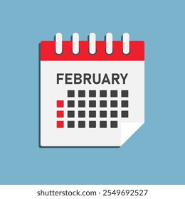 Vector icon calendar month - February. Vector icon illustration flat minimal style. Agenda app of month. Day -Sunday, Monday, Tuesday, Wednesday, Thursday, Friday, Saturday. To do list, reminder