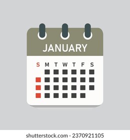 Vector icon calendar month - January. Vector icon illustration flat minimal style. Agenda app of month. Day -Sunday, Monday, Tuesday, Wednesday, Thursday, Friday, Saturday. To do list, reminder