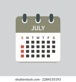 Vector icon calendar month - July. Vector icon illustration flat minimal style. Agenda app of month. Day -Sunday, Monday, Tuesday, Wednesday, Thursday, Friday, Saturday. To do list, reminder