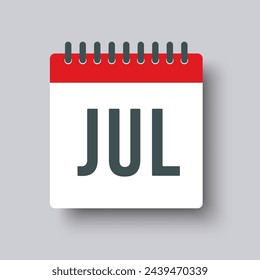 Icono vectorial mes calendario - julio. Ilustración de icono vectorial estilo mínimo plano. Agenda aplicación del mes. Día: Domingo, lunes, martes, miércoles, jueves, viernes, sábado. Lista de tareas pendientes, aviso