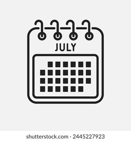 Vector icon calendar month - July. Vector icon illustration flat minimal style. Agenda app of month. Day -Sunday, Monday, Tuesday, Wednesday, Thursday, Friday, Saturday. To do list, reminder