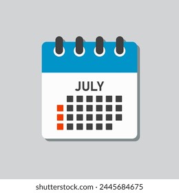 Vector icon calendar month - July. Vector icon illustration flat minimal style. Agenda app of month. Day -Sunday, Monday, Tuesday, Wednesday, Thursday, Friday, Saturday. To do list, reminder
