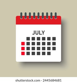 Vector icon calendar month - July. Vector icon illustration flat minimal style. Agenda app of month. Day -Sunday, Monday, Tuesday, Wednesday, Thursday, Friday, Saturday. To do list, reminder