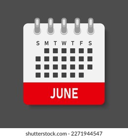 Vector icon calendar month - June. Vector icon illustration flat minimal style. Agenda app of month. Day -Sunday, Monday, Tuesday, Wednesday, Thursday, Friday, Saturday. To do list, reminder