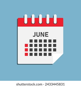 Icono vectorial mes calendario - Junio. Ilustración de icono vectorial estilo mínimo plano. Agenda aplicación del mes. Día: Domingo, lunes, martes, miércoles, jueves, viernes, sábado. Lista de tareas pendientes, aviso