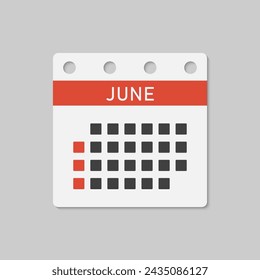 Vector icon calendar month - June. Vector icon illustration flat minimal style. Agenda app of month. Day -Sunday, Monday, Tuesday, Wednesday, Thursday, Friday, Saturday. To do list, reminder
