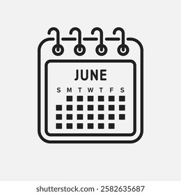 Vector icon calendar month - June. Vector icon illustration flat minimal style. Agenda app of month. Day -Sunday, Monday, Tuesday, Wednesday, Thursday, Friday, Saturday. To do list, reminder