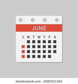 Vector icon calendar month - June. Vector icon illustration flat minimal style. Agenda app of month. Day -Sunday, Monday, Tuesday, Wednesday, Thursday, Friday, Saturday. To do list, reminder