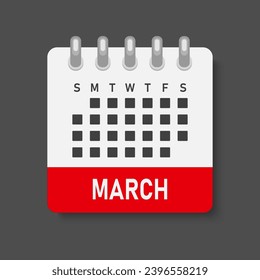 Vector icon calendar month - March. Vector icon illustration flat minimal style. Agenda app of month. Day -Sunday, Monday, Tuesday, Wednesday, Thursday, Friday, Saturday. To do list, reminder