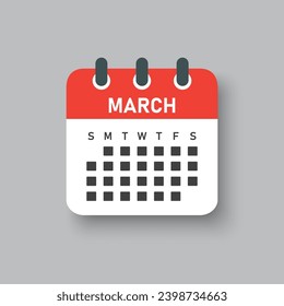 Vector icon calendar month - March. Vector icon illustration flat minimal style. Agenda app of month. Day -Sunday, Monday, Tuesday, Wednesday, Thursday, Friday, Saturday. To do list, reminder