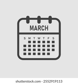 Vector icon calendar month - March. Vector icon illustration flat minimal style. Agenda app of month. Day -Sunday, Monday, Tuesday, Wednesday, Thursday, Friday, Saturday. To do list, reminder