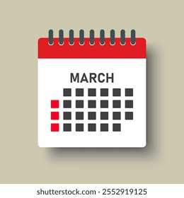 Vector icon calendar month - March. Vector icon illustration flat minimal style. Agenda app of month. Day -Sunday, Monday, Tuesday, Wednesday, Thursday, Friday, Saturday. To do list, reminder