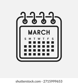 Icono de Vector mes calendario - Marzo. Ilustración de icono de Vector estilo minimalista plano. Agenda App del mes. Día - Domingo, Lunes, Martes, Miércoles, Jueves, Viernes, Sábado. Para hacer la lista, recordatorio