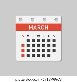 Icono de Vector mes calendario - Marzo. Ilustración de icono de Vector estilo minimalista plano. Agenda App del mes. Día - Domingo, Lunes, Martes, Miércoles, Jueves, Viernes, Sábado. Para hacer la lista, recordatorio