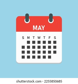 Vector icon calendar month - May. Vector icon illustration flat minimal style. Agenda app of month. Day -Sunday, Monday, Tuesday, Wednesday, Thursday, Friday, Saturday. To do list, reminder