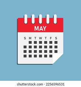 Vector icon calendar month - May. Vector icon illustration flat minimal style. Agenda app of month. Day -Sunday, Monday, Tuesday, Wednesday, Thursday, Friday, Saturday. To do list, reminder