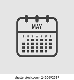 Vector icon calendar month - May. Vector icon illustration flat minimal style. Agenda app of month. Day -Sunday, Monday, Tuesday, Wednesday, Thursday, Friday, Saturday. To do list, reminder
