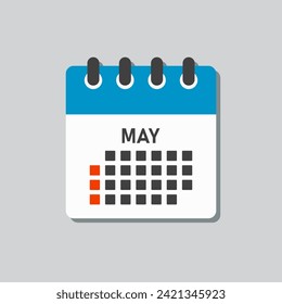 Vector icon calendar month - May. Vector icon illustration flat minimal style. Agenda app of month. Day -Sunday, Monday, Tuesday, Wednesday, Thursday, Friday, Saturday. To do list, reminder